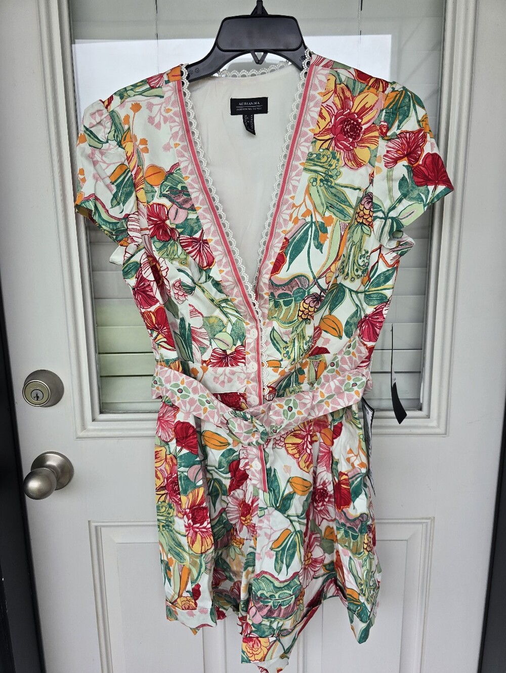 Adrianna Papell Women Floral Printed Romper Sz 10 Pink Green Lace Trim Belted - Picture 3 of 15